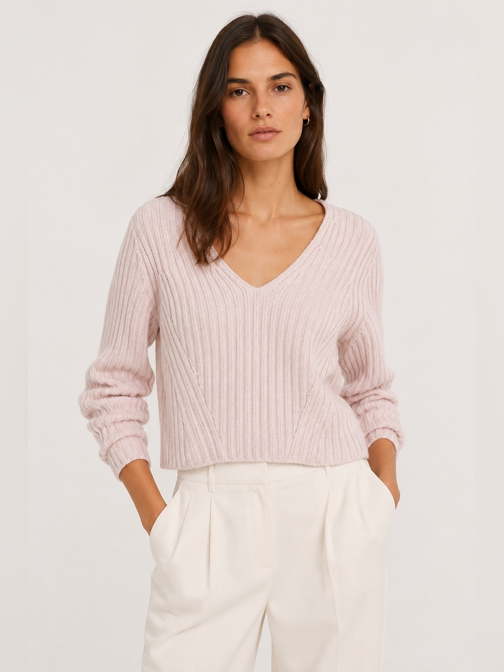 VINCE Full Sleeve Fitted V Neck Wool & Cashmere Blend Cropped Sweater